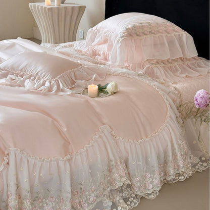 Luxuriöses romantisches Bettwäsche-Set mit Spitzenvolants und besticktem Baumwollsatin