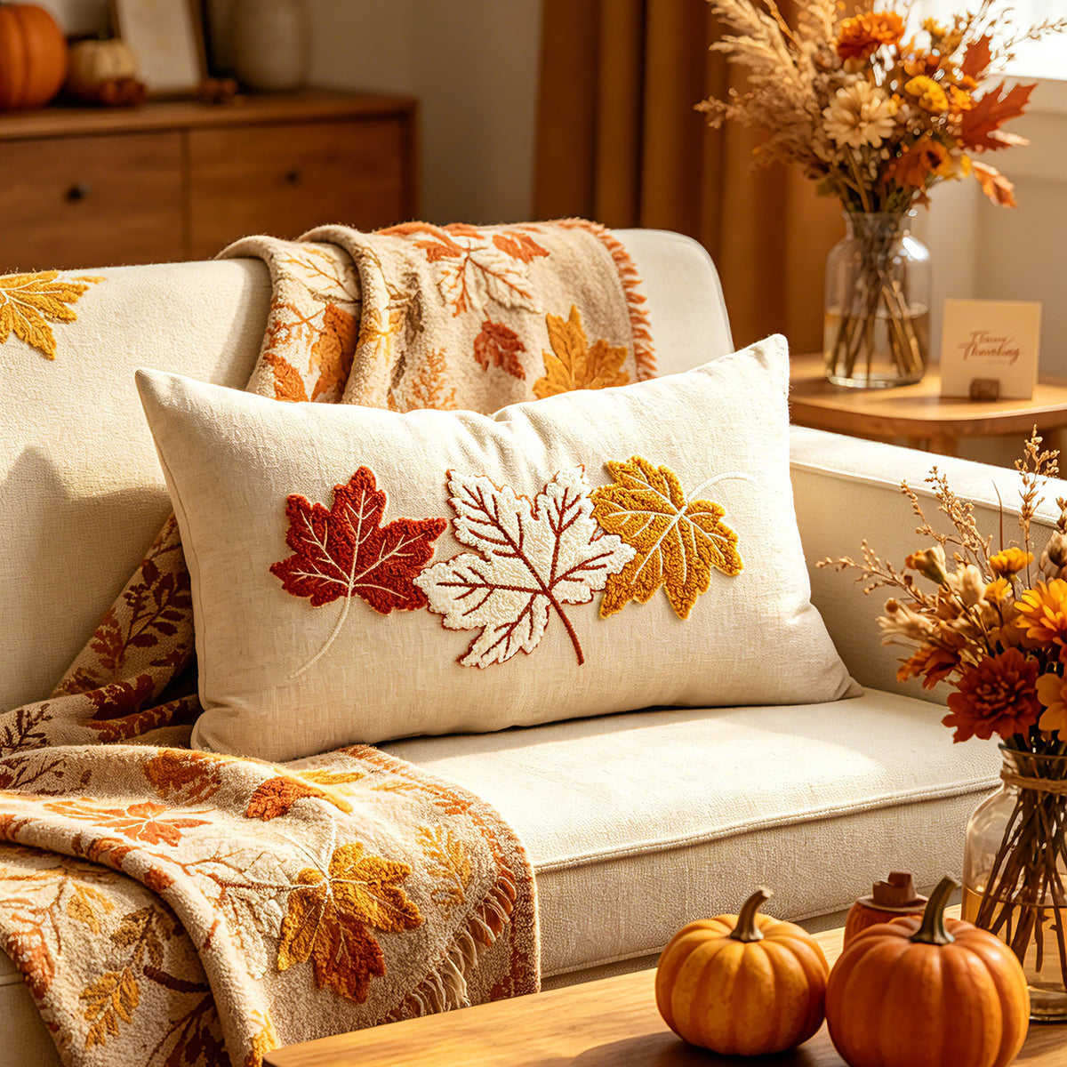 Gestickter herbstlicher Ahorn-Lendenkissenbezug mit strukturiertem Chenille-Blattapplikation