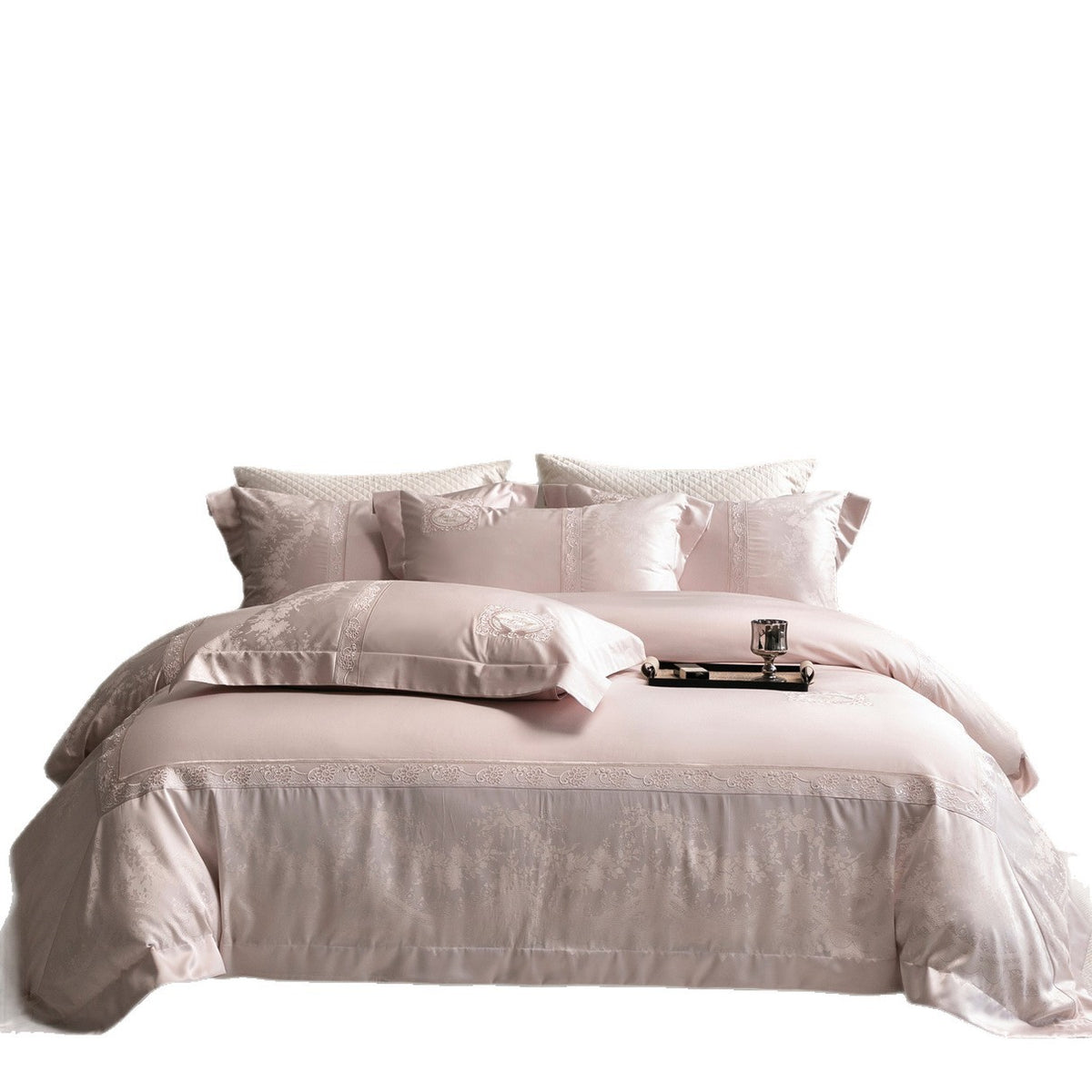 Luxuriöses Besticktes Satin-Jacquard Bettbezug-Set mit Medaillon und Spitzenrand
