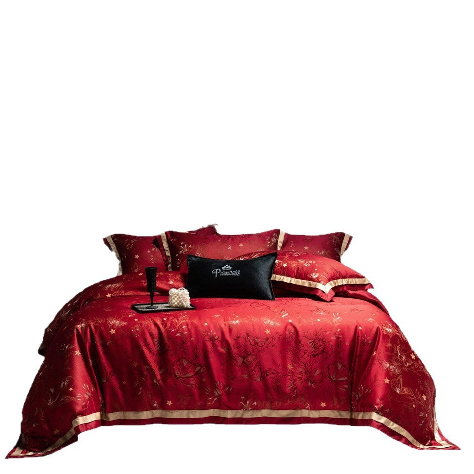 Opulente Satin-Bettwäschegarnitur mit Jacquard‑Blumenmotiv und goldveredelter Zierkante