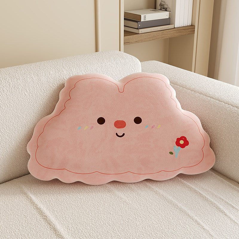 Plush Cloud-Shape Cute Character Lumbar Throw Pillow with Embroidered Face and Soft Faux-Sherpa Cover