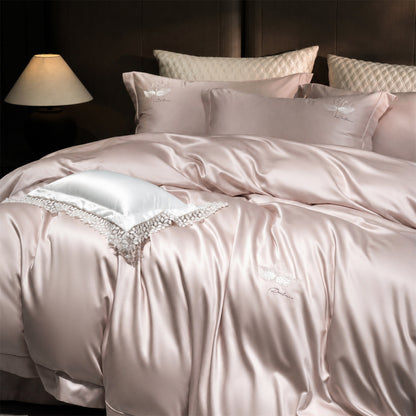 Luxuriöse Satin-Bettwäschegarnitur mit besticktem Schwanenmotiv und Spitzenkissen