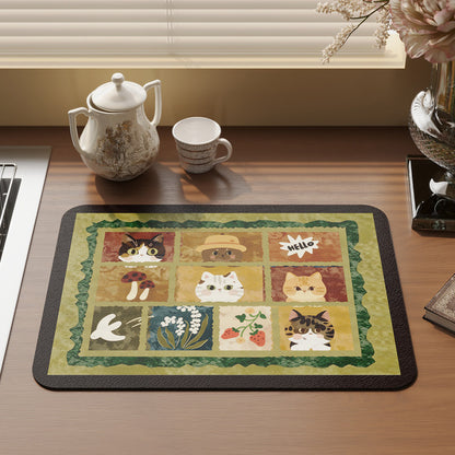 Absorbent Rectangular Kitchen Counter Placemat with Patchwork Cat & Floral Illustration and Non-Slip Backing