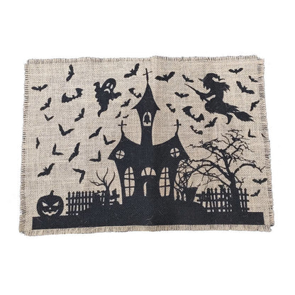 Jute-Tischläufer Halloween Spukhaus-Print mit Fransenrand
