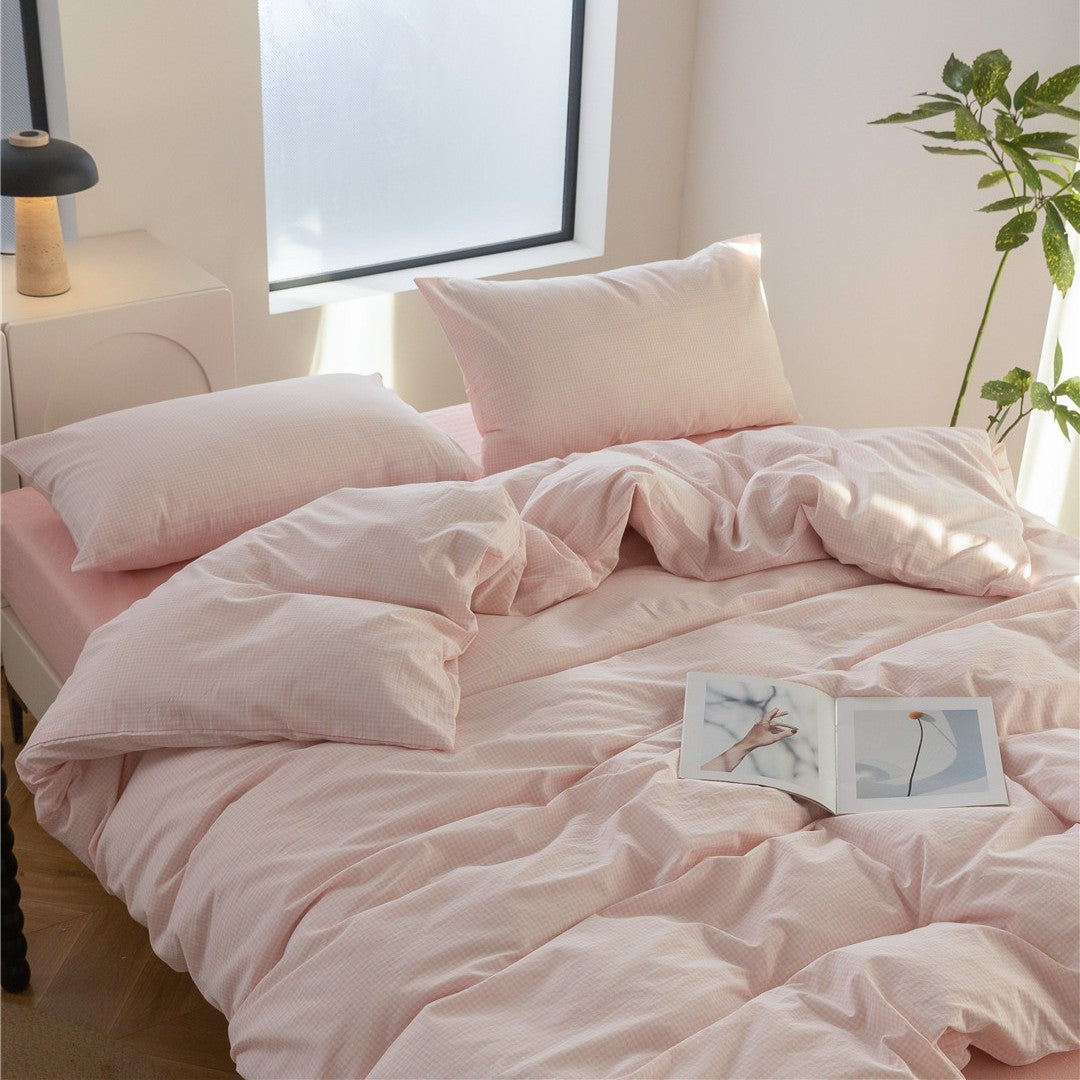 Umkehrbare Baumwoll-Satin Gingham Bettbezug Bettwäsche Set mit tiefem Laken und Umschlag-Kissenbezügen