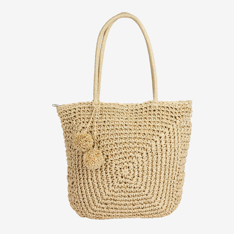 Damen Handgefertigte Basttasche mit verspieltem Pompon-Detail Brehn