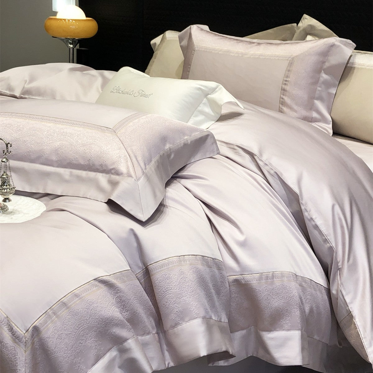 Seidene Mikrosatin-Jacquard Bettbezug-Set mit Hemstitched Rand und Eckenbändern
