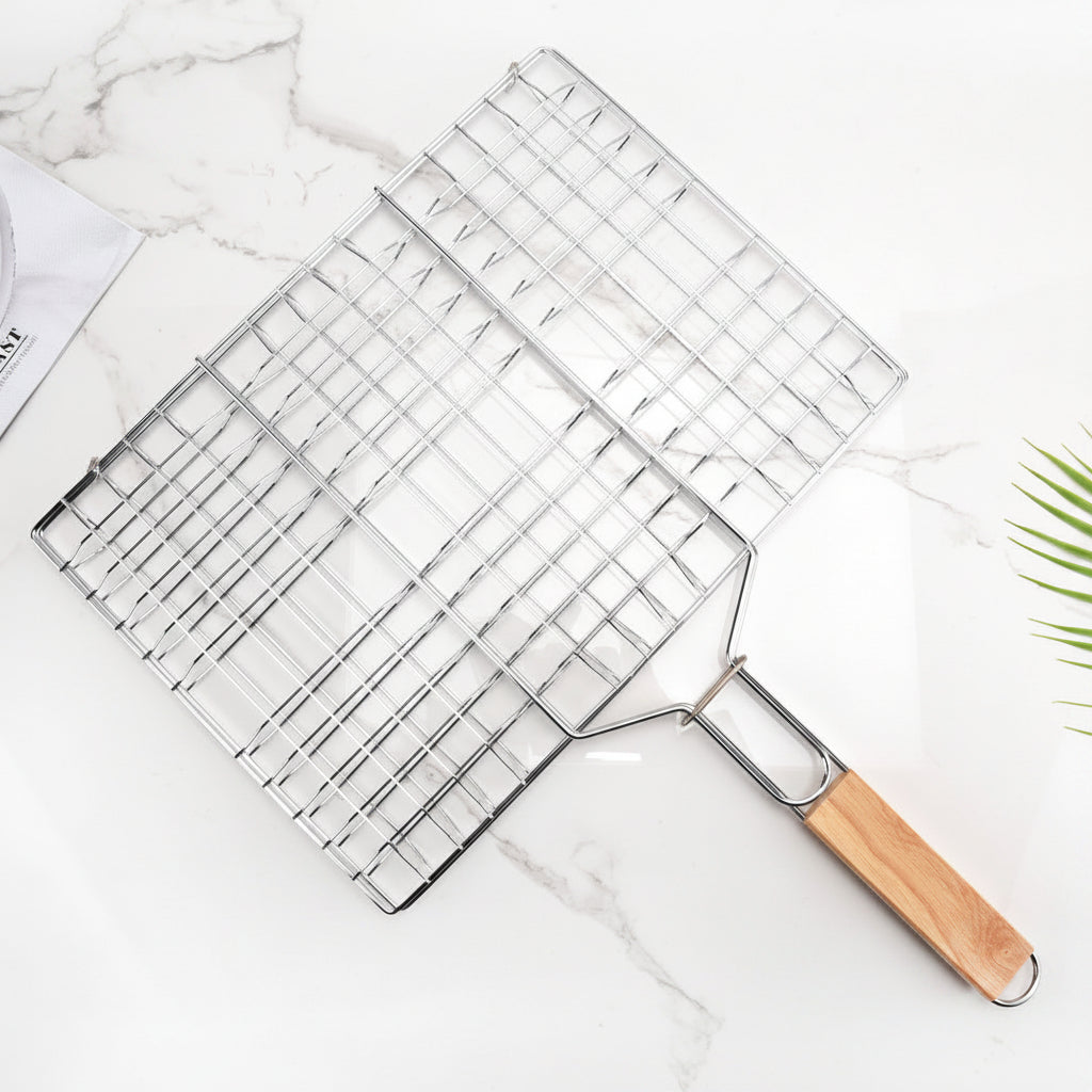 Doppeltes Edelstahl-Grillgitter mit Klappbarem Holzgriff und Sicherer Verriegelung Brehn