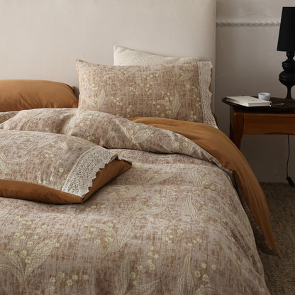 Florales Jacquard Bettbezug-Set mit Häkelspitzenbesatz