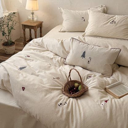 Atmungsaktives Baumwoll-Leinen Bettbezug-Set mit minimalistischer Waldbestickung & Kissenbezügen
