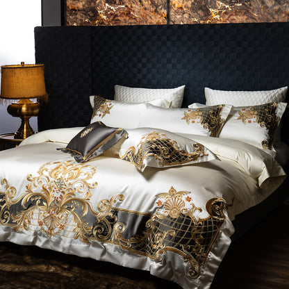Luxuriöses besticktes Satin Bettbezug-Set mit dekorativen Kissenbezügen