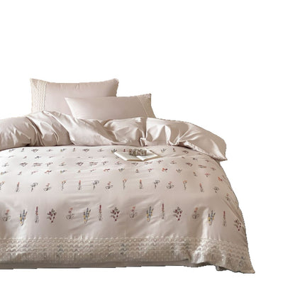 Umkehrbare Mikrofaser Satin-Feeling Bestickte Wildblumen Bettwäsche mit Häkelspitze & Kissenbezügen