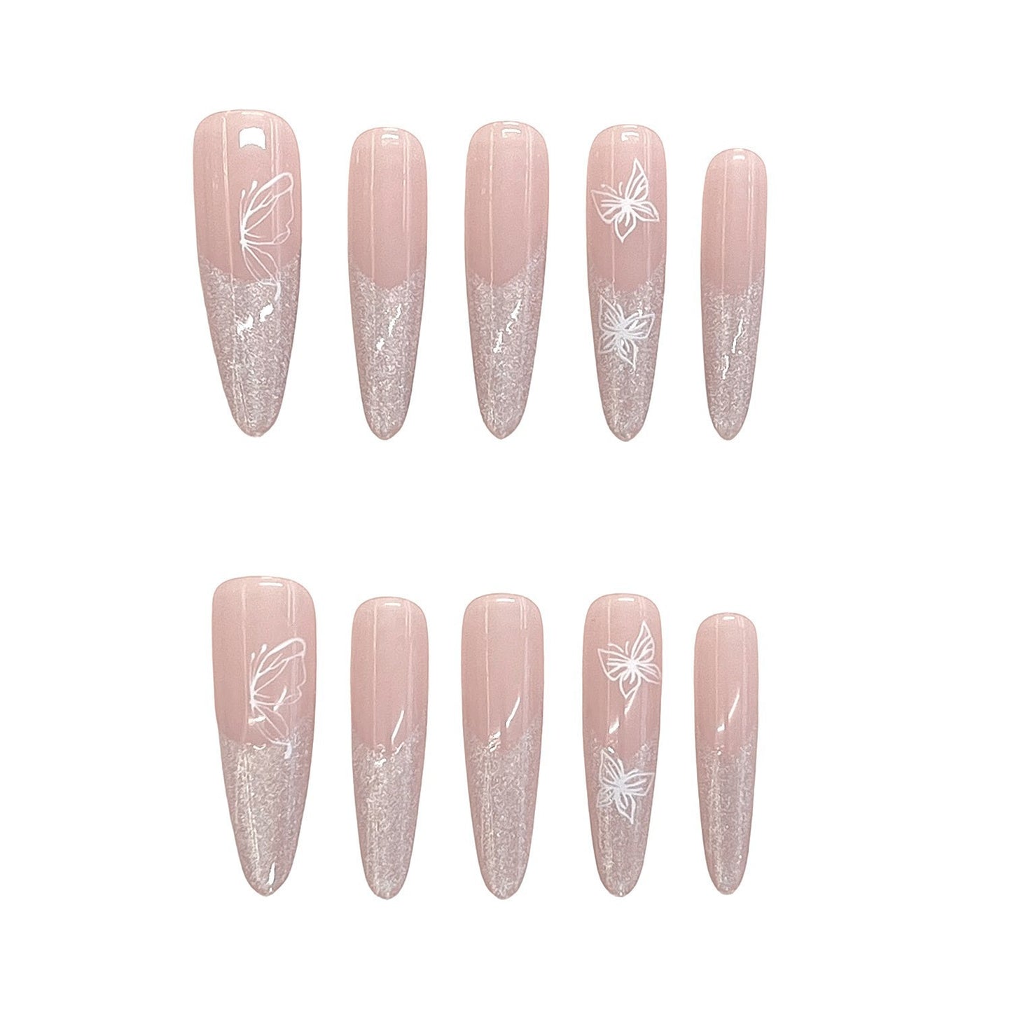 Ausgefallene Glitzer Ombre Press-On Nägel mit künstlerischem Schmetterlingsdesign Brehn