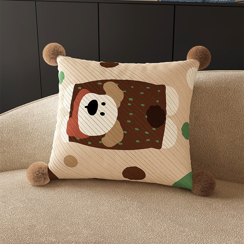 Square Pom-Pom Knit Decorative Throw Pillow Cover with Cartoon Bear Panel and Textured Weave