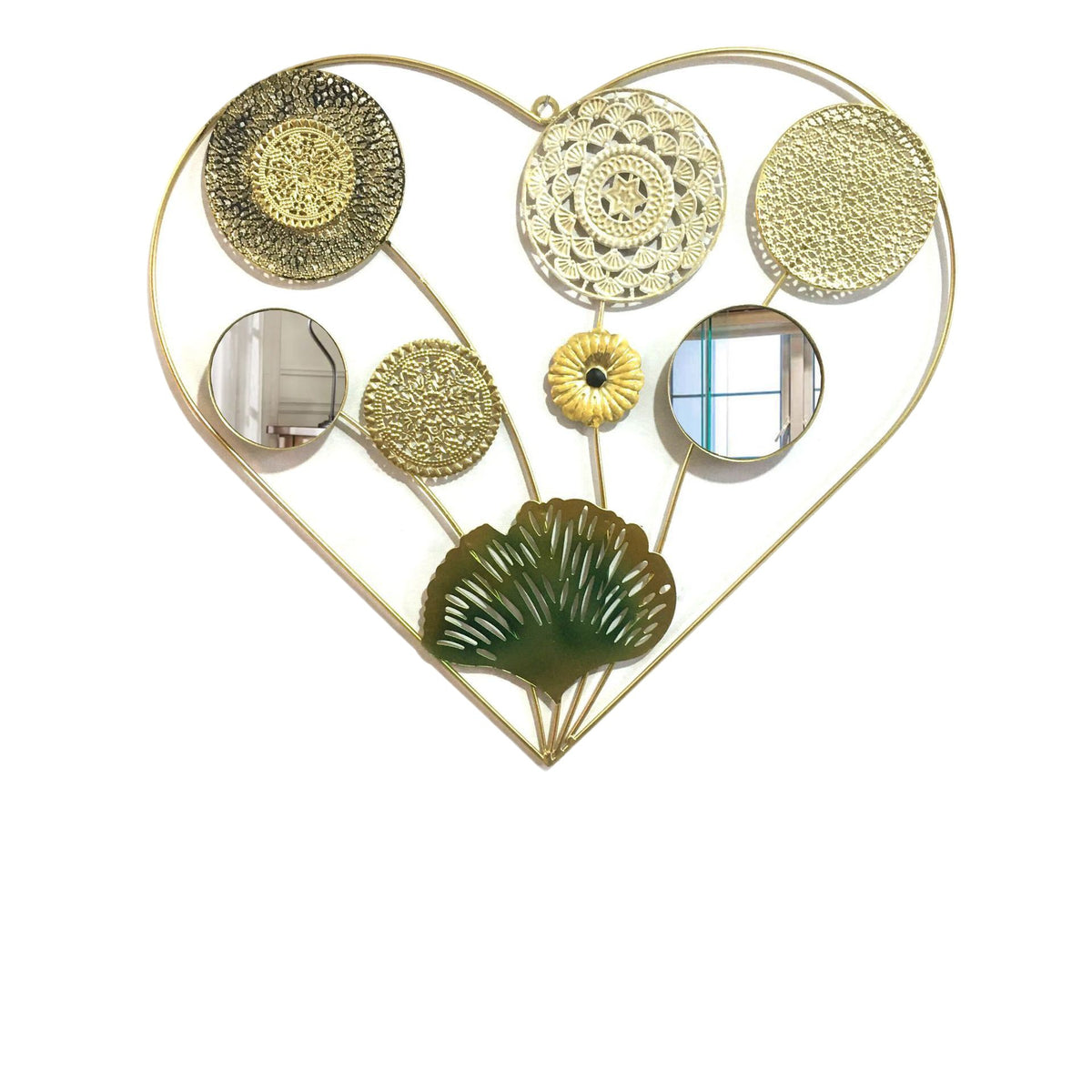 Dekorative Metallwandkunst mit tropischem Blatt- und Spiegeldesign Brehn