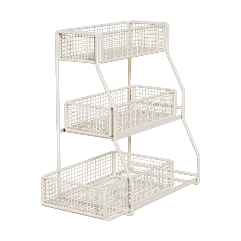 Dreiböckiger, schräger Metall-Mesh-Thekenregal-Organizer mit stapelbaren Drahtkörben