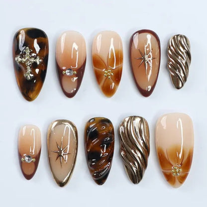 Künstlerisches Floral- und Stern-Applikationen Press-On Nagelset Brehn
