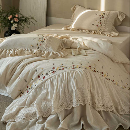 Bestickte Vintage-Look Leinenmischung Bettbezug Set mit Rüschensaum Spitze Bettrand & Kissenbezüge