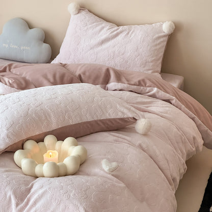 Plüsch Präge Mikrofleece Bettbezug und Kissenbezug Set mit Pom-Pom Akzentkissen