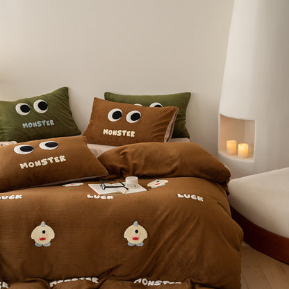 Kuschelige Wendebettwäsche-Set mit Monster-Stickerei