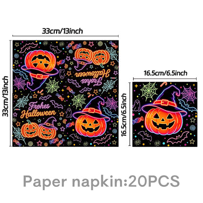 Komplettes Halloween-Party-Tischdekor-Set mit Neon-Kürbisdesign Einweggeschirr und Girlande