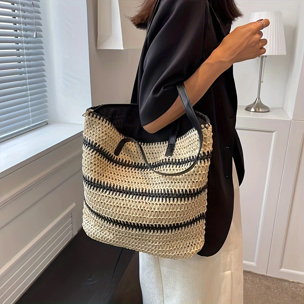 Elegante Raffia Einkaufstasche mit Ledergriffen Brehn