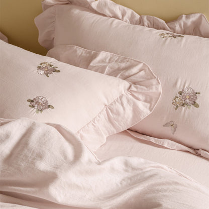 Bestickte florale Baumwollsatin-Bettbezug-Set mit Rüschenkissenbezügen
