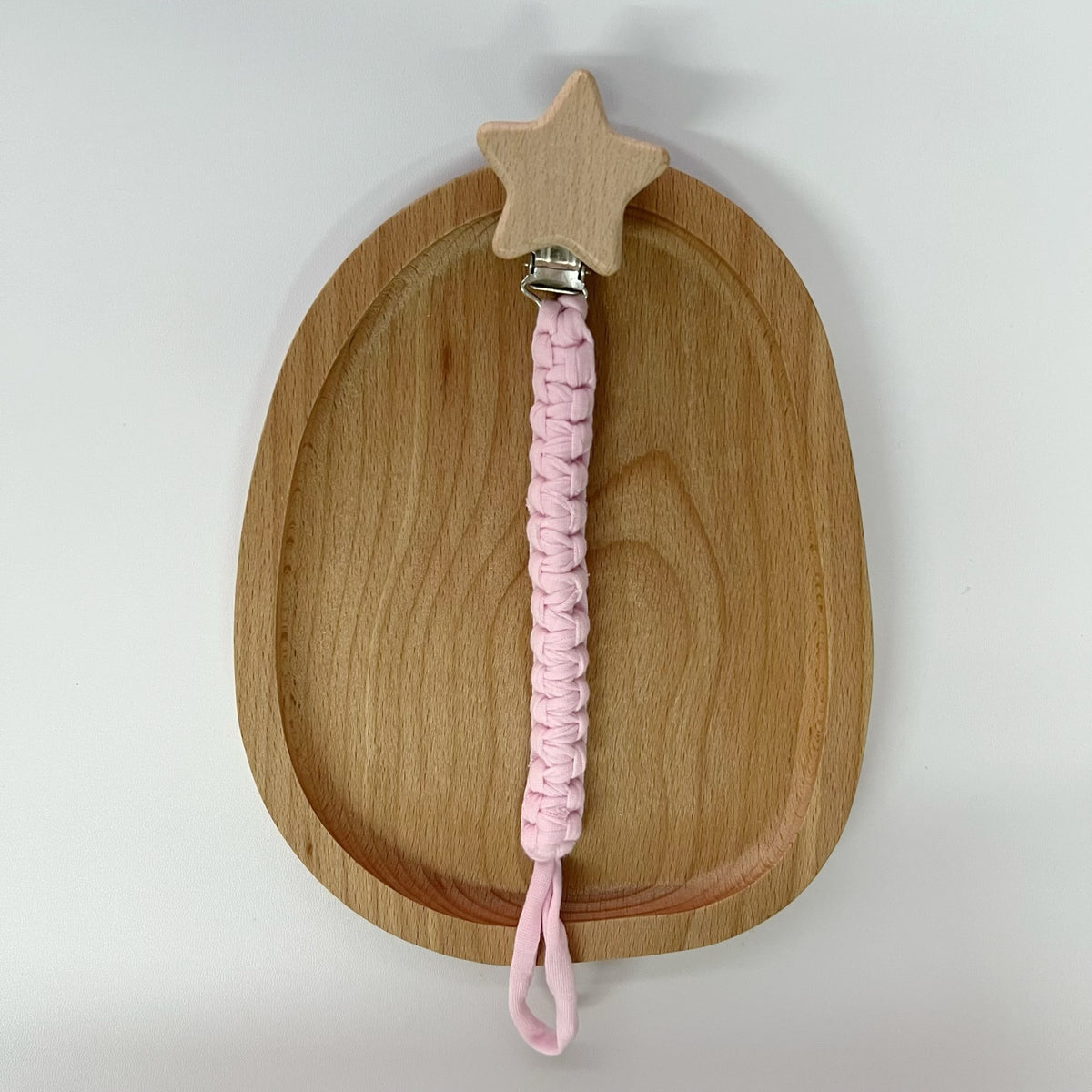 Geflochtener Baumwoll-Nuckelclip mit sicherer Holzstern-Klemme