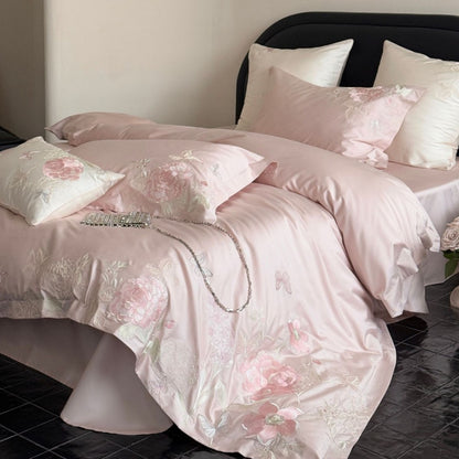 Satin-Bettbezuggarnitur mit floraler Stickereiborte und seidenweichem Finish