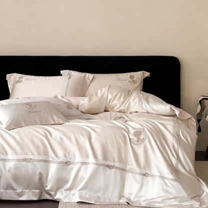 Luxuriöse Baumwollsatin-Bettwäschegarnitur mit Jacquard‑Rosendessin und bestickten Silhouette‑Applikationen
