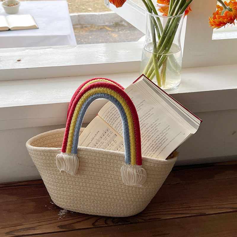 Damen Korbtasche mit buntem Regenbogenhenkel Brehn