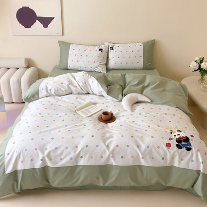 Kinderbettwäsche-Set aus feinem Baumwoll-Mix mit pastellfarbenem Pünktchenprint und Teddy-Applikation