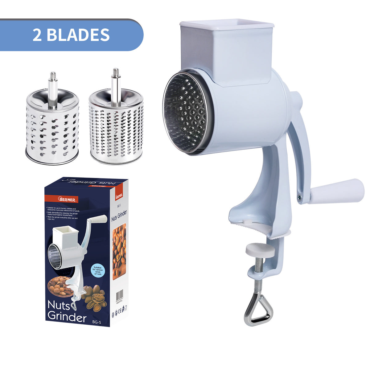 Manual Rotary Nut Grinder with Dual Stainless-Steel Drum Blades and Clamp