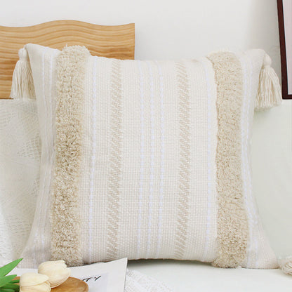 Quadratischer Boho-Kissenbezug mit handgewebter Struktur, Chenille‑Bordüren und Eckquasten Brehn
