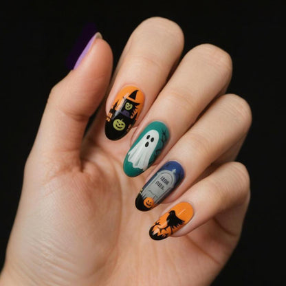 Halloween Kunstnagelset mit gruseligem Geister-, Kürbis- und Spinnenmuster Brehn