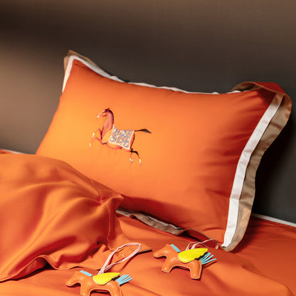 Luxus Satin bestickte Bettbezugset mit Pferdemotiv