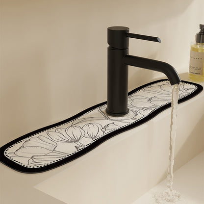 Decorative Semi-Circle Sink Splash Mat with Absorbent Silicone and Floral Sketch Print
