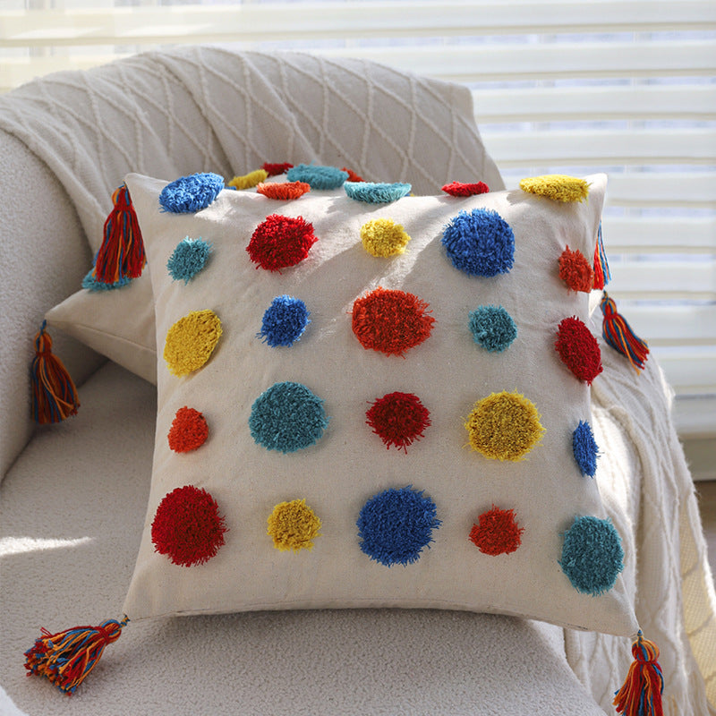 Dekoratives Zierkissen mit bunten Chenille‑Tufts, Baumwoll‑Leinenbezug und Quasten Brehn