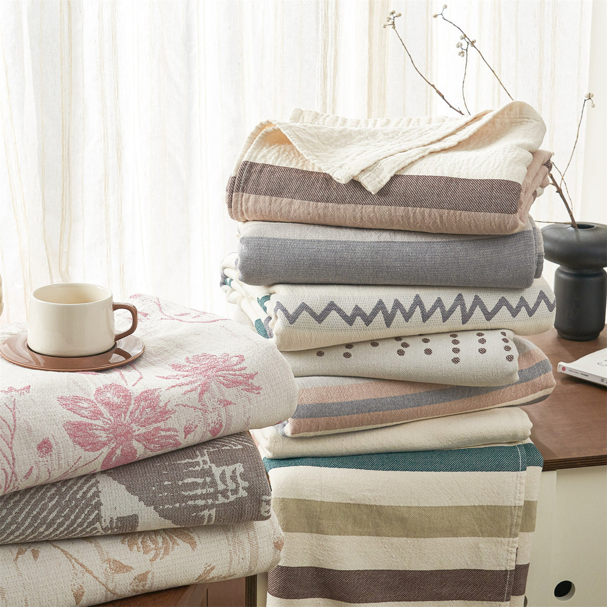 Wendbare Florale Jacquard Baumwolle Überwurf Decke Bettüberwurf