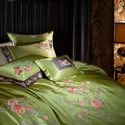 Luxuriöser Satin-Feel gestickter Bettbezug Set mit floralem Applikation