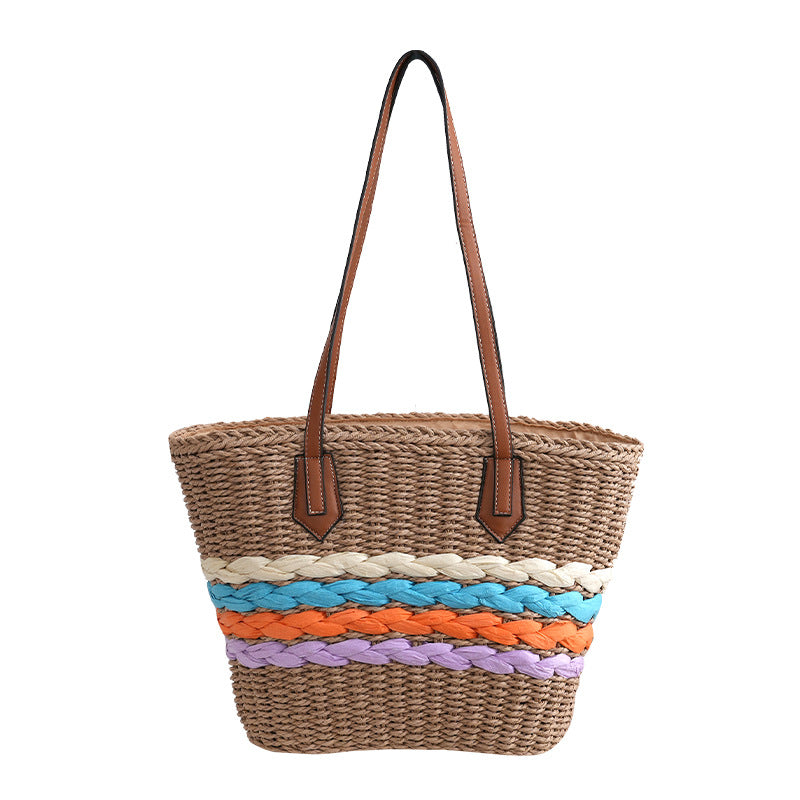 Elegante Basthandtasche mit Farbigen Zierstreifen Brehn