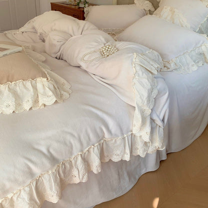 Kuschelige Microfleece-Bettgarnitur im Vintage-Cottage-Stil mit Baumwollspitzenbesatz