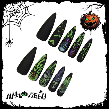 Künstliche Halloween Kunstnägel mit kreativen Geister- und Spinnenmotiven Brehn