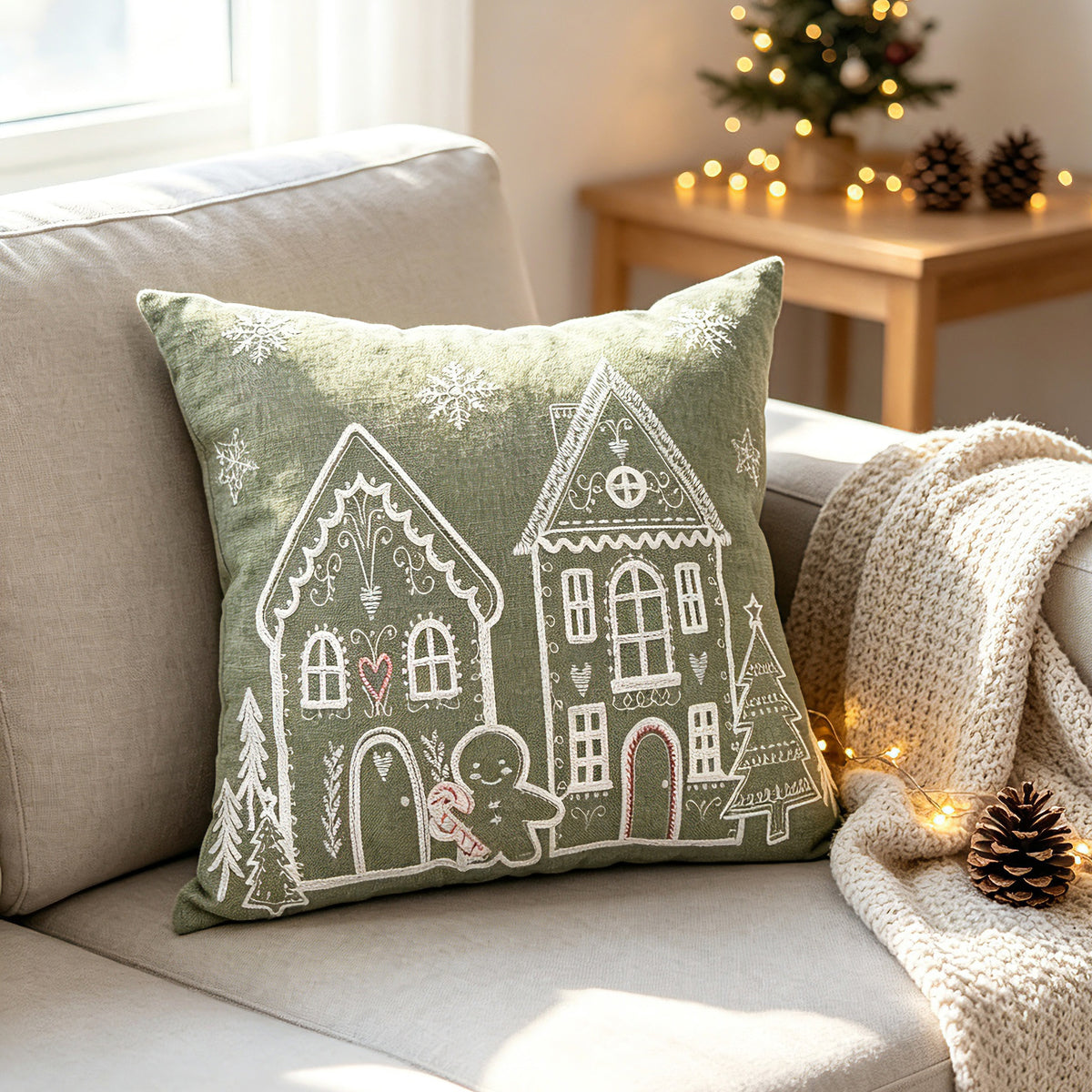 Weihnachtliches Lebkuchenhaus bestickter Samt Kissenbezug für die Lendenstütze