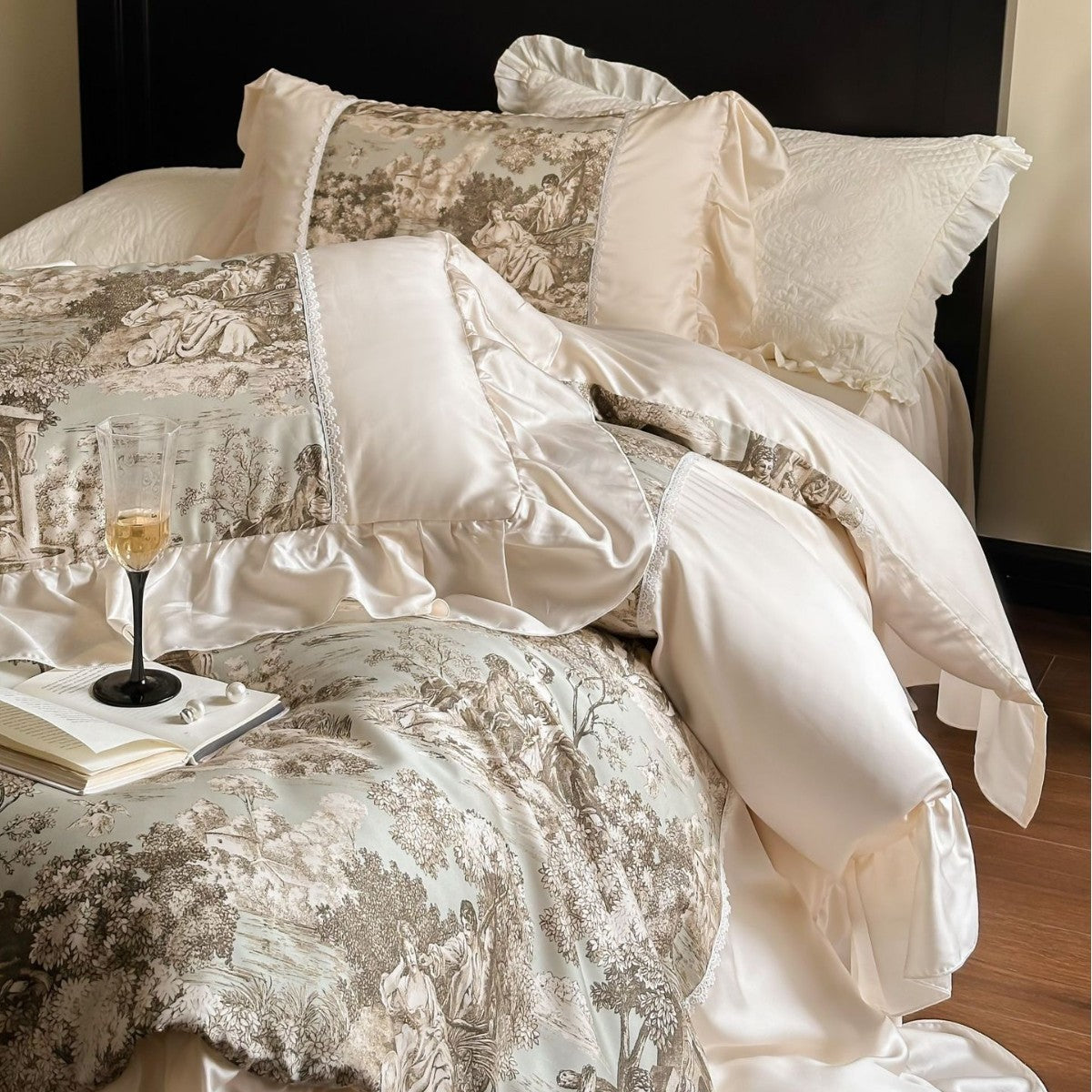Luxuriöses Satin-Bettwäscheset mit Toile‑Motiv, Volant und Spitzenbesatz