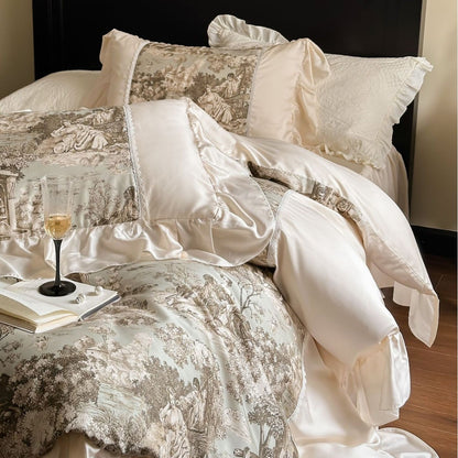Luxuriöses Satin-Bettwäscheset mit Toile‑Motiv, Volant und Spitzenbesatz