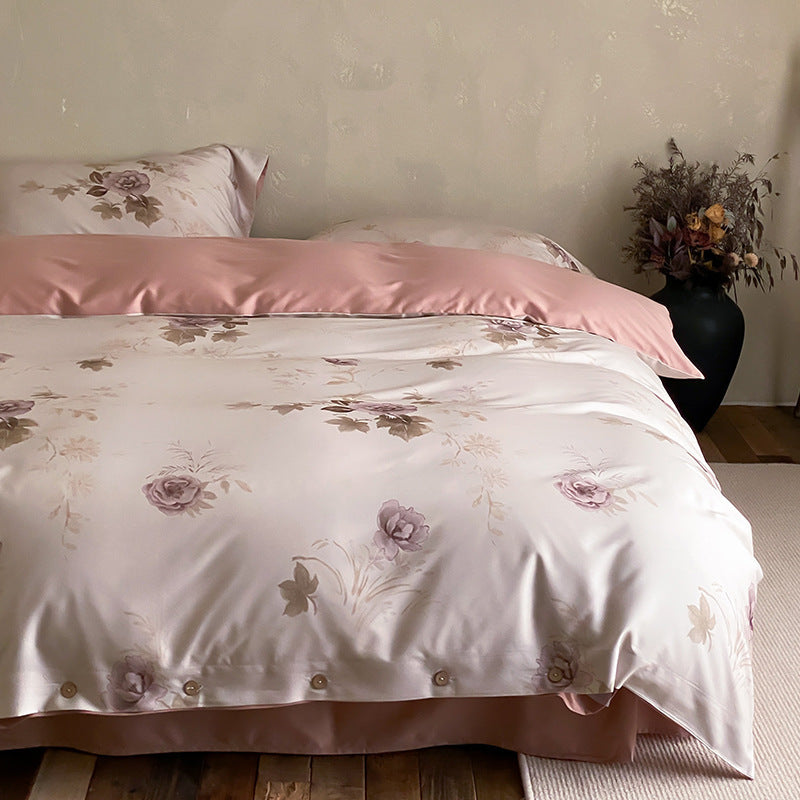 Premium-Baumwollsatin-Duvetbezuggarnitur mit floralem Jacquard-Relief und Knopfverschluss