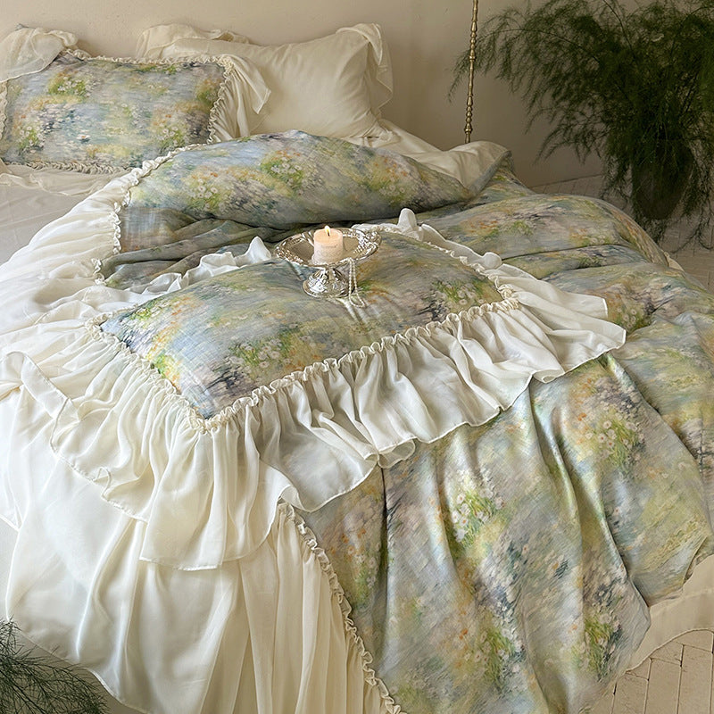 Luxus-Baumwoll-Bettwäsche-Set mit romantischen Rüschen und Aquarell-Blumenmuster