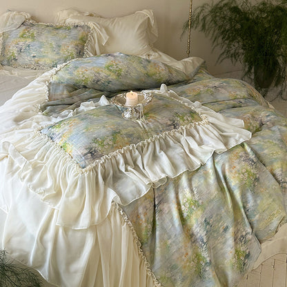 Luxus-Baumwoll-Bettwäsche-Set mit romantischen Rüschen und Aquarell-Blumenmuster