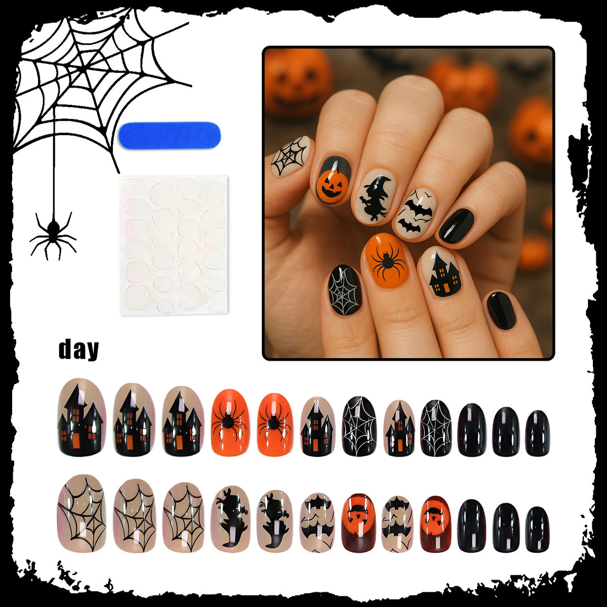 Halloween Kunstnagelset mit kreativen Spinnen- und Kürbismotiven Brehn